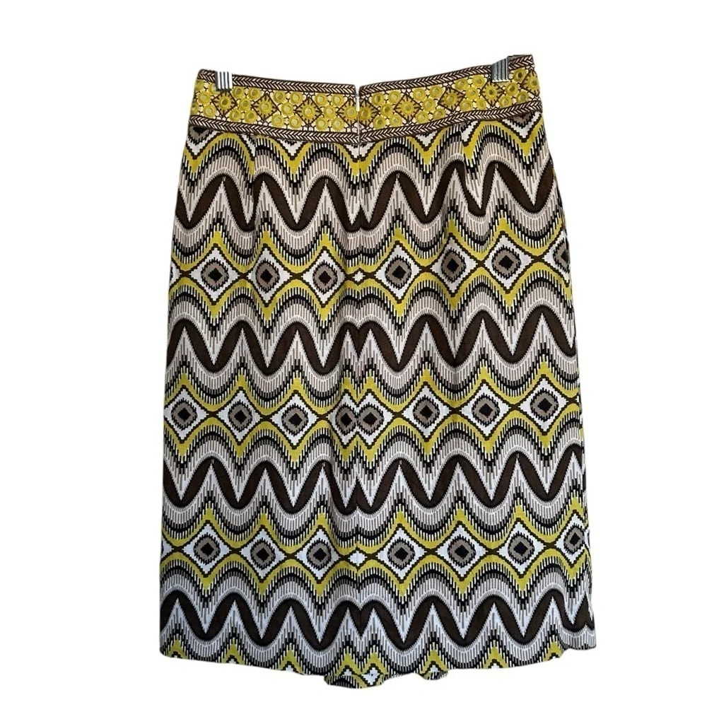 Tory Burch 100% Linen Yellow Mirrored with Pockets Midi Skirt Size 2